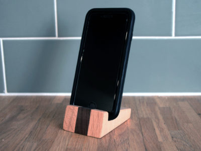 wooden handmade phone holder in oak and walnut