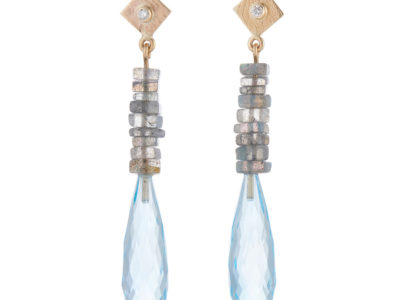Blue topaz ,labradorite and Diamond Earrings, 9ct gold