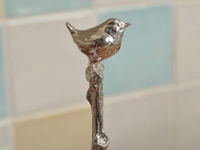 Wren bird long pewter jam spoon with a hook to hang on a jam jar