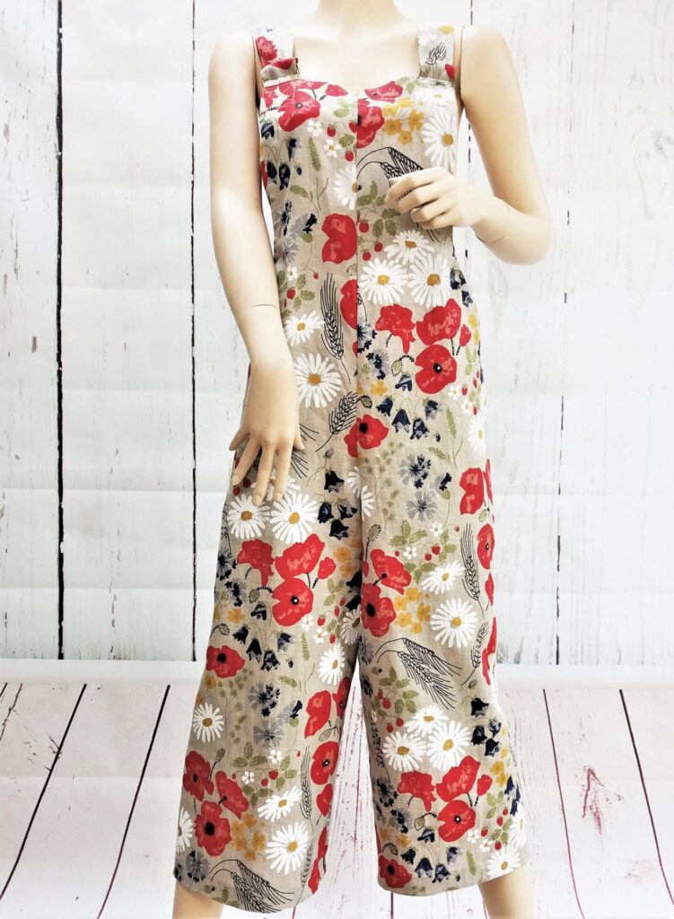 Handmade Soft Linen Ladies Dungarees Jumpsuits Meadow Flowers Sizes L-XL.