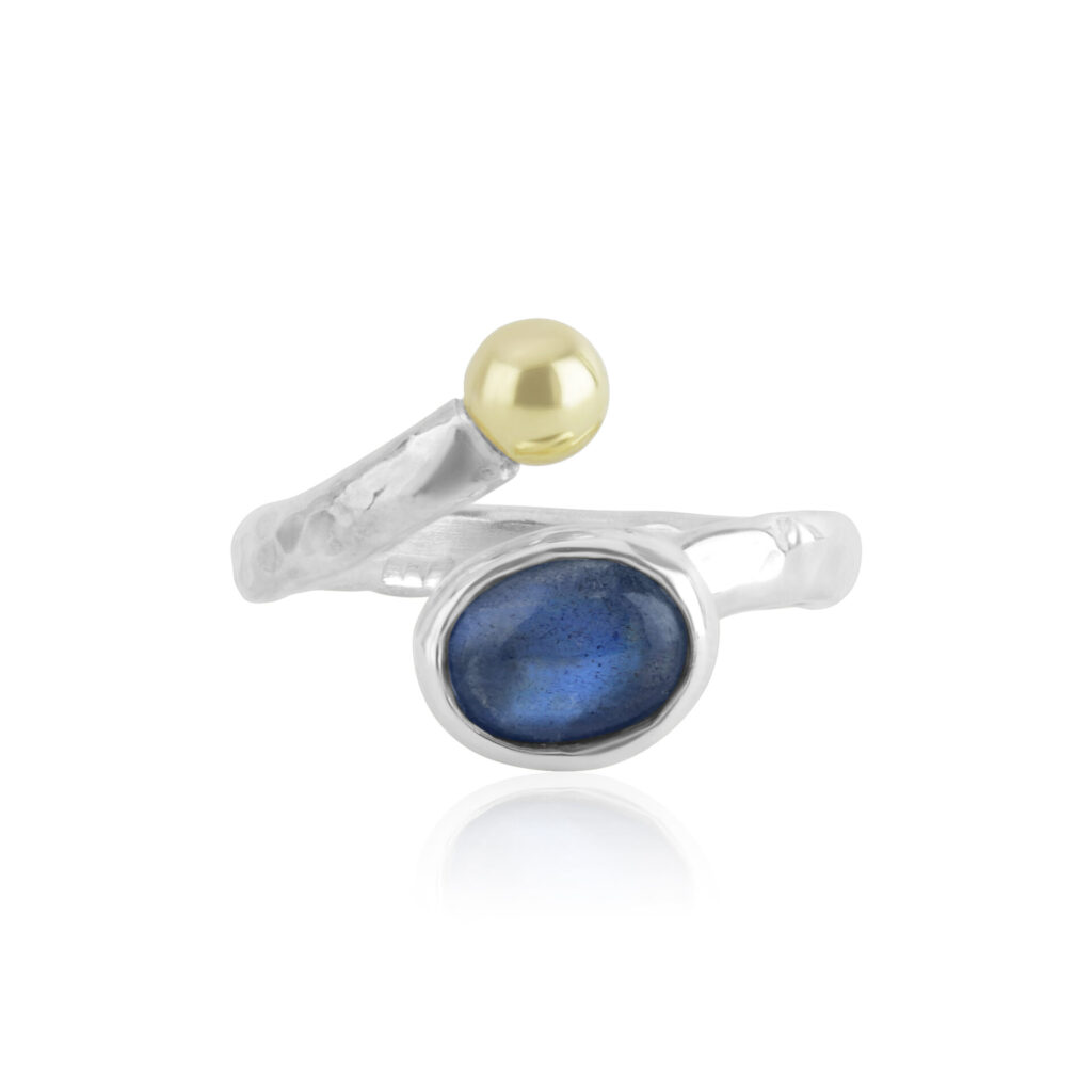 Adjustable Silver & 9ct Gold Blue Labradorite Ring