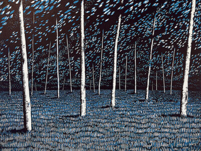 Night Birches - original linoprint