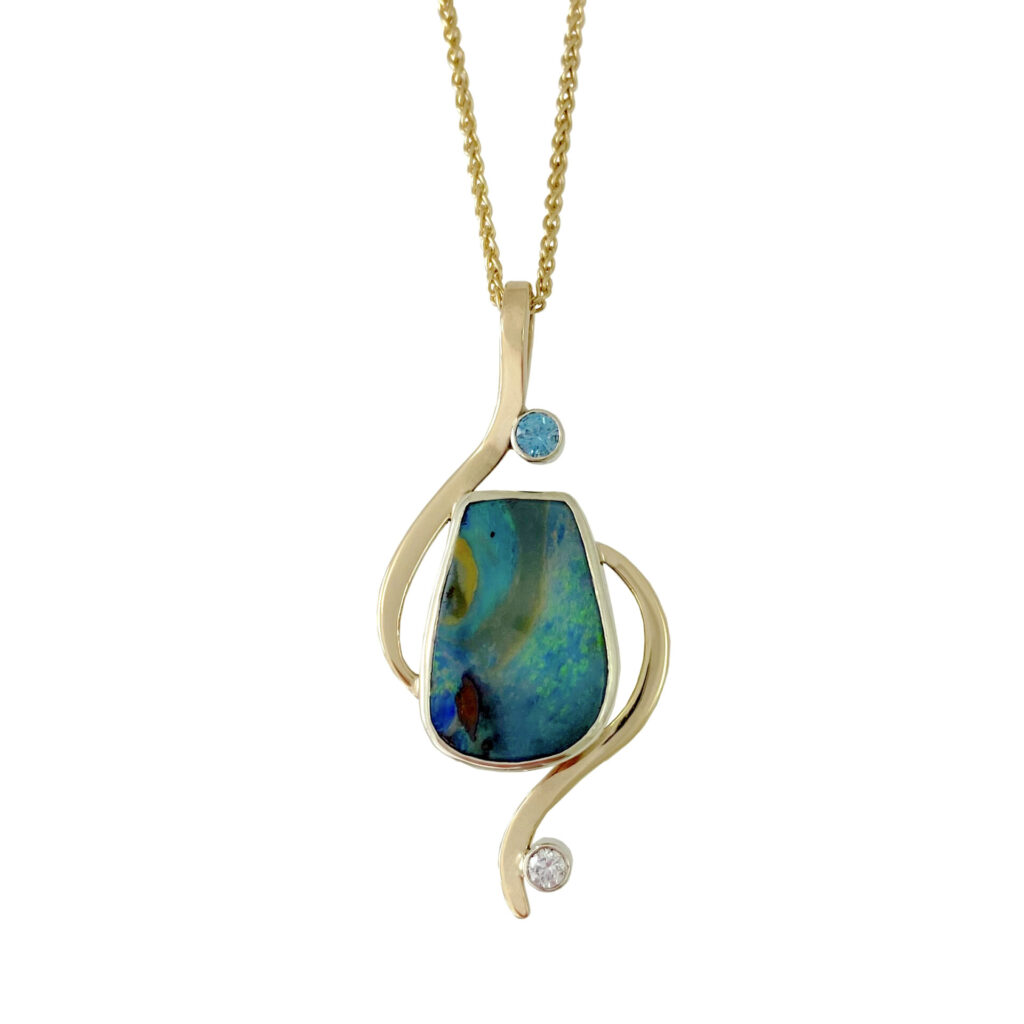 Boulder Opal, Blue Zircon and Diamond Atoll necklace