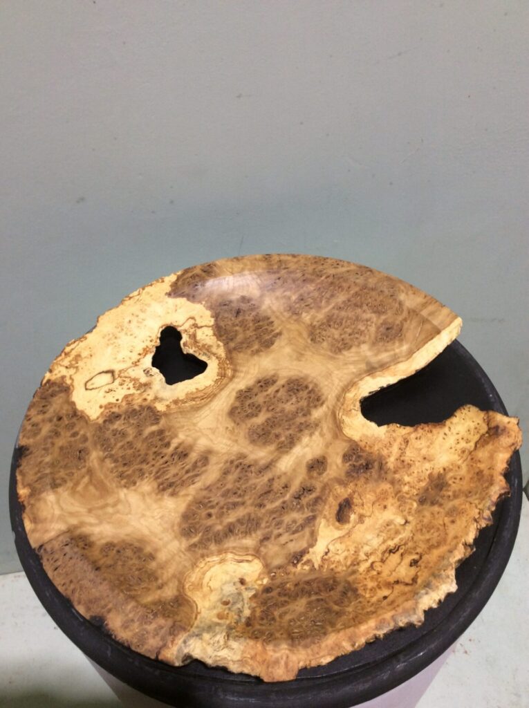 Turned shallow bowl in Burr Oak