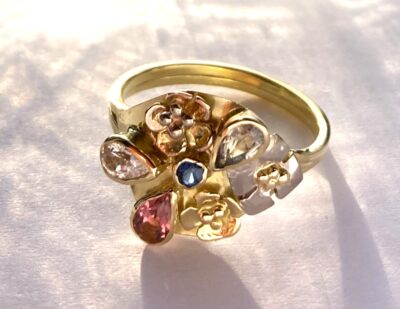 18ct gold multi coloured sapphire floral cluster ring