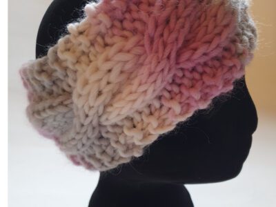 Pink/grey handknitted headband/earmuffs