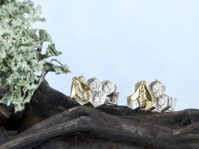 [Honeycomb Stud Earrings] – Sterling Silver, 18ct Gold
