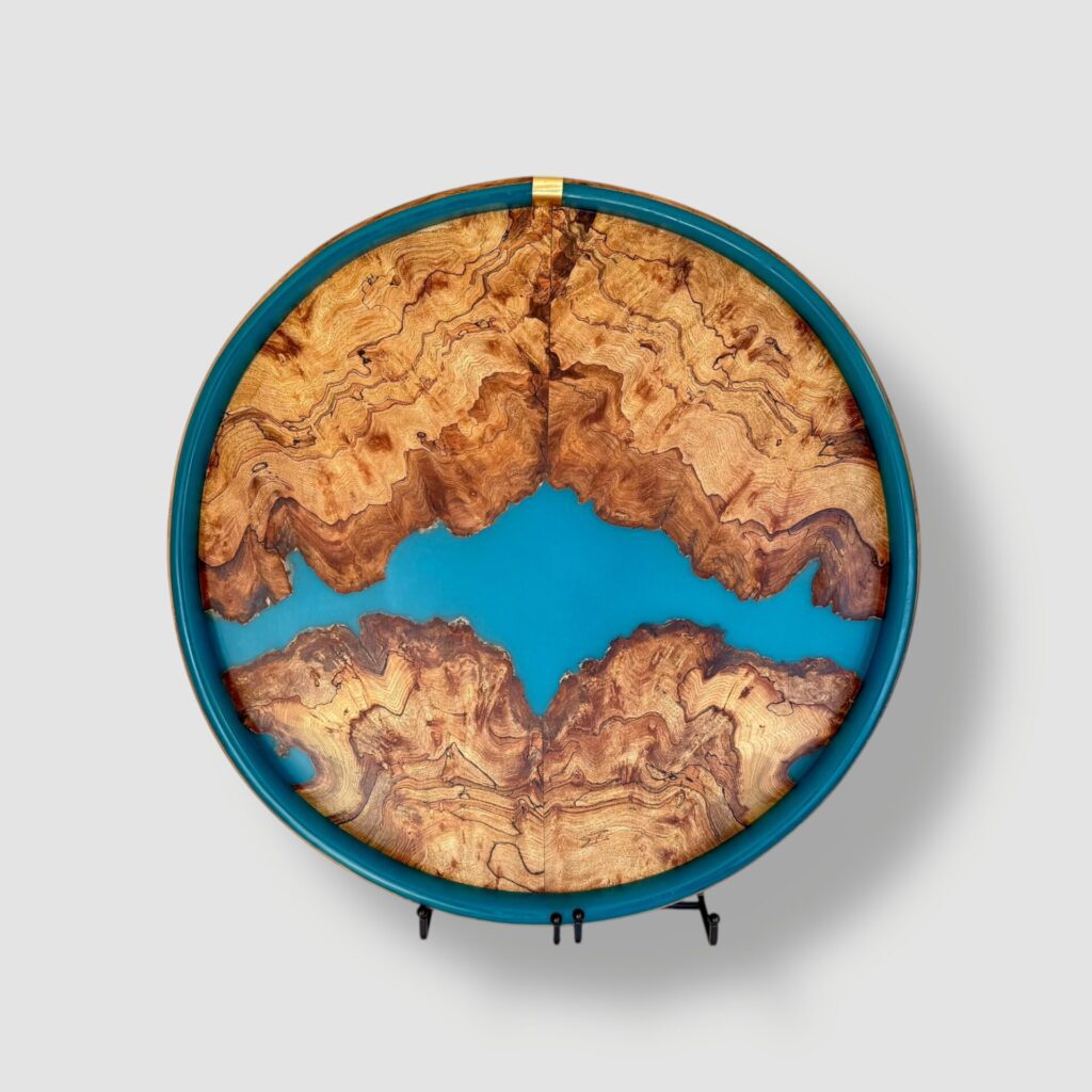 Large Round Ottoman Tray – Spalted/Aqua Blue