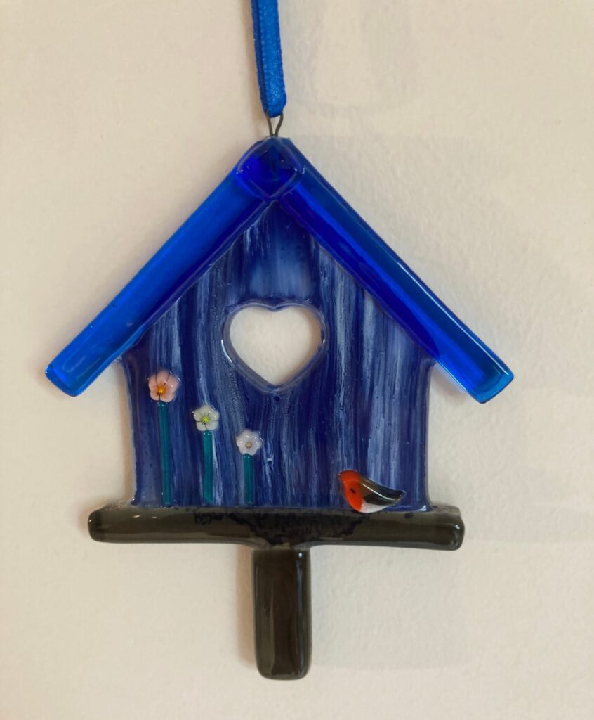 Blue Glass Bird house with Robin
