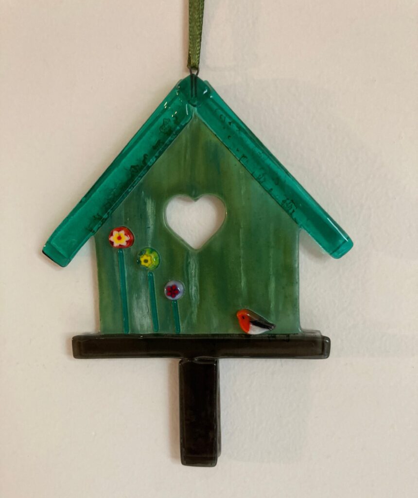 Green Glass Bird house with Robin