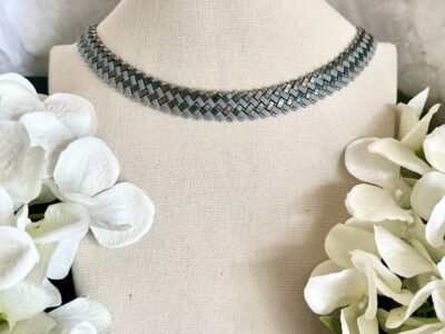 Round Herringbone Necklace - Grey / Patina