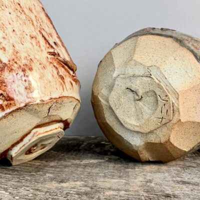 Chawan Tea Bowl by Sonya Wilkins Ceramics with Shino Glaze and Carved Foot Signed in Japanese Kanji