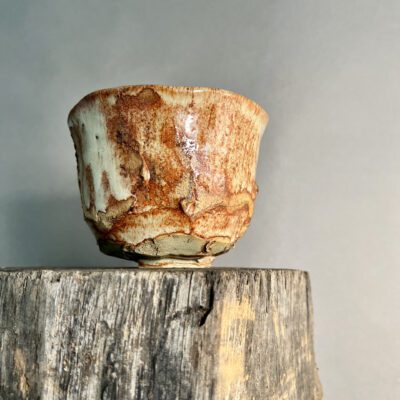 Chawan Tea Bowl by Sonya Wilkins Ceramics with Shino Glaze and Carved Foot Signed in Japanese Kanji