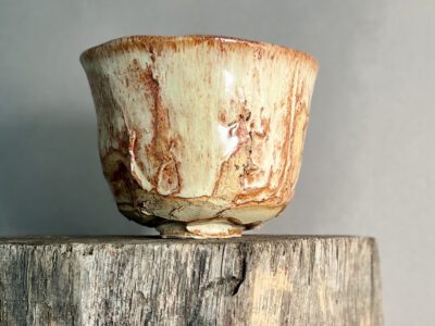 Chawan Tea Bowl by Sonya Wilkins Ceramics with Shino Glaze and Carved Foot Signed in Japanese Kanji