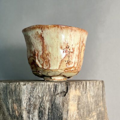 Chawan Tea Bowl by Sonya Wilkins Ceramics with Shino Glaze and Carved Foot Signed in Japanese Kanji
