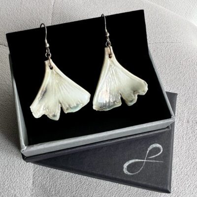 Ginkgo Leaf Earrings By Sonya Wilkins Ceramics (with pearl lustre)