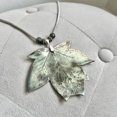 Large Maple Leaf Pendant (Grey Suede Cord, Beads)