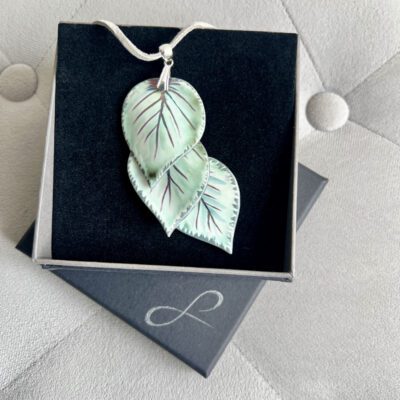 Porcelain Leaf 'Waterfall' Pendant Boxed (Real Silver Birch Leaf Imprint, Porcelain, Platinum & Pearl Lustres)