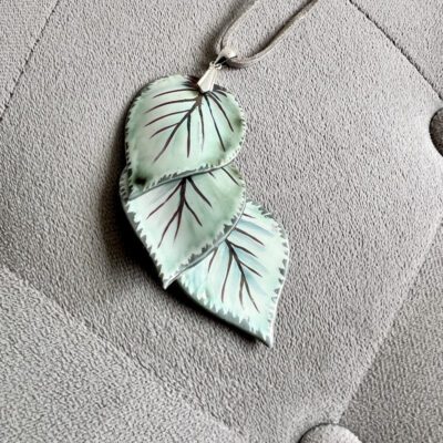Porcelain Leaf 'Waterfall' Pendant (Real Silver Birch Leaf Imprint, Porcelain, Platinum, Pearl Lustres)