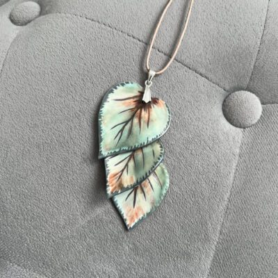 Porcelain Leaf Waterfall Pendant (Real Silver Birch Leaf Imprints) Platinum, Pearl Lustres.jpg