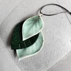 Porcelain & Vegan Leather Leaf 'Waterfall' Pendant (with slate grey satin cord)
