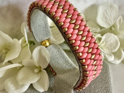 Wide SuperDuo Bracelet - Coral & Gold