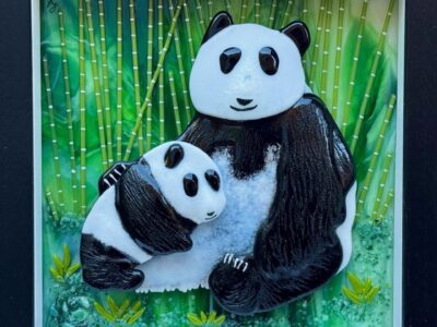 Pandas, mother & baby, square frame, bamboo background