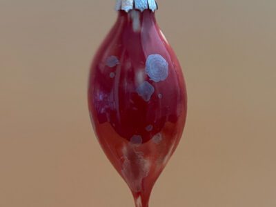 Long grey on red Christmas tree ornament