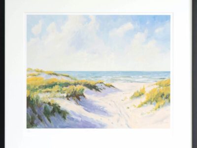 painting of sand dunes framed in a black contemporary frame