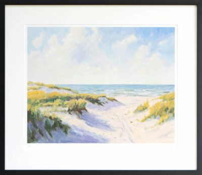 painting of sand dunes framed in a black contemporary frame
